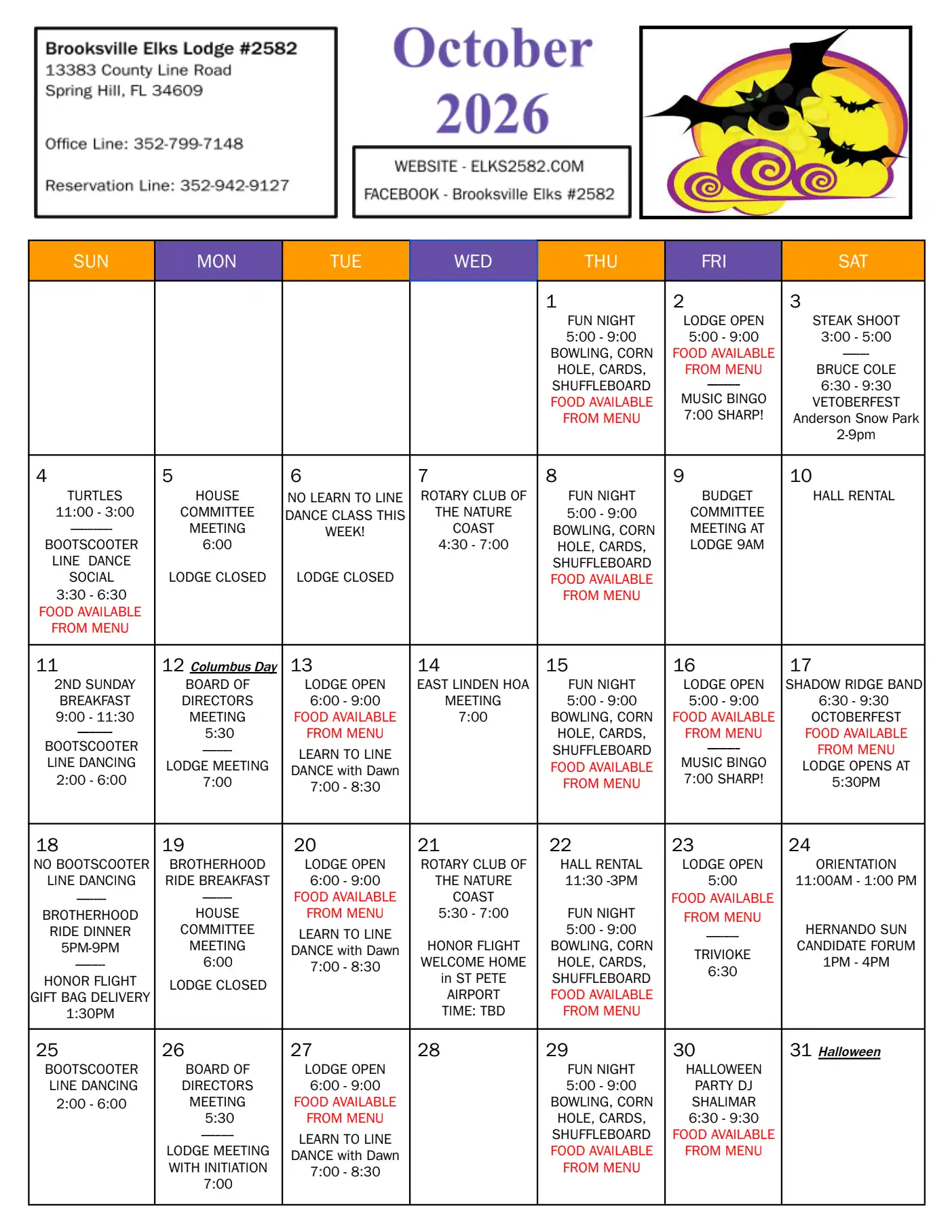 Elks Lodge 2582 October 2026 calendar of events