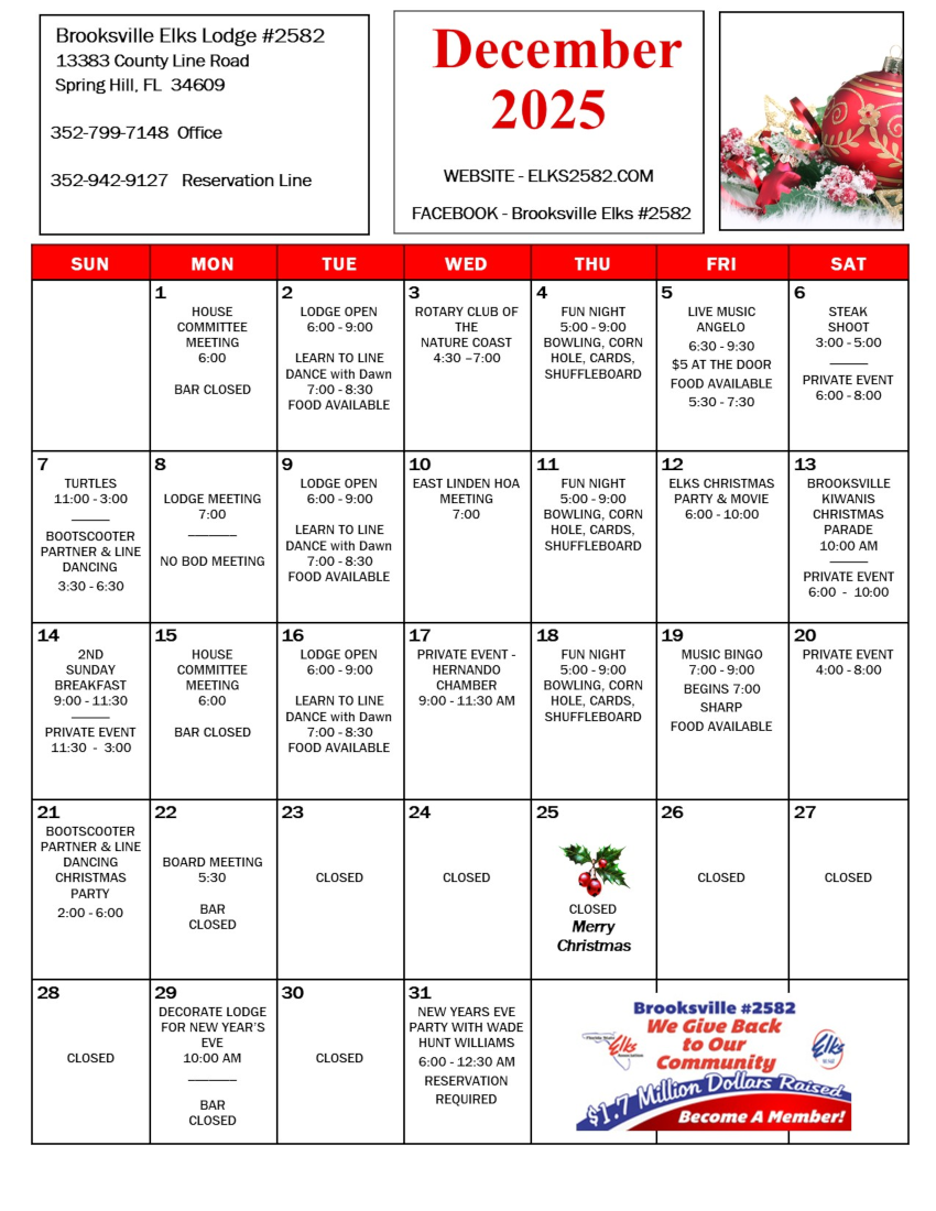 Elks Lodge 2582 calendar of events for the month of December 2025