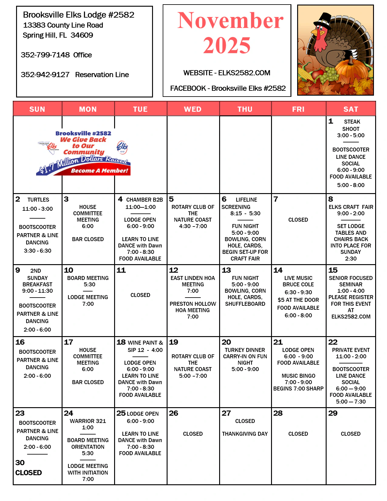 Elks Lodge 2582 calendar of events for the month of November 2025