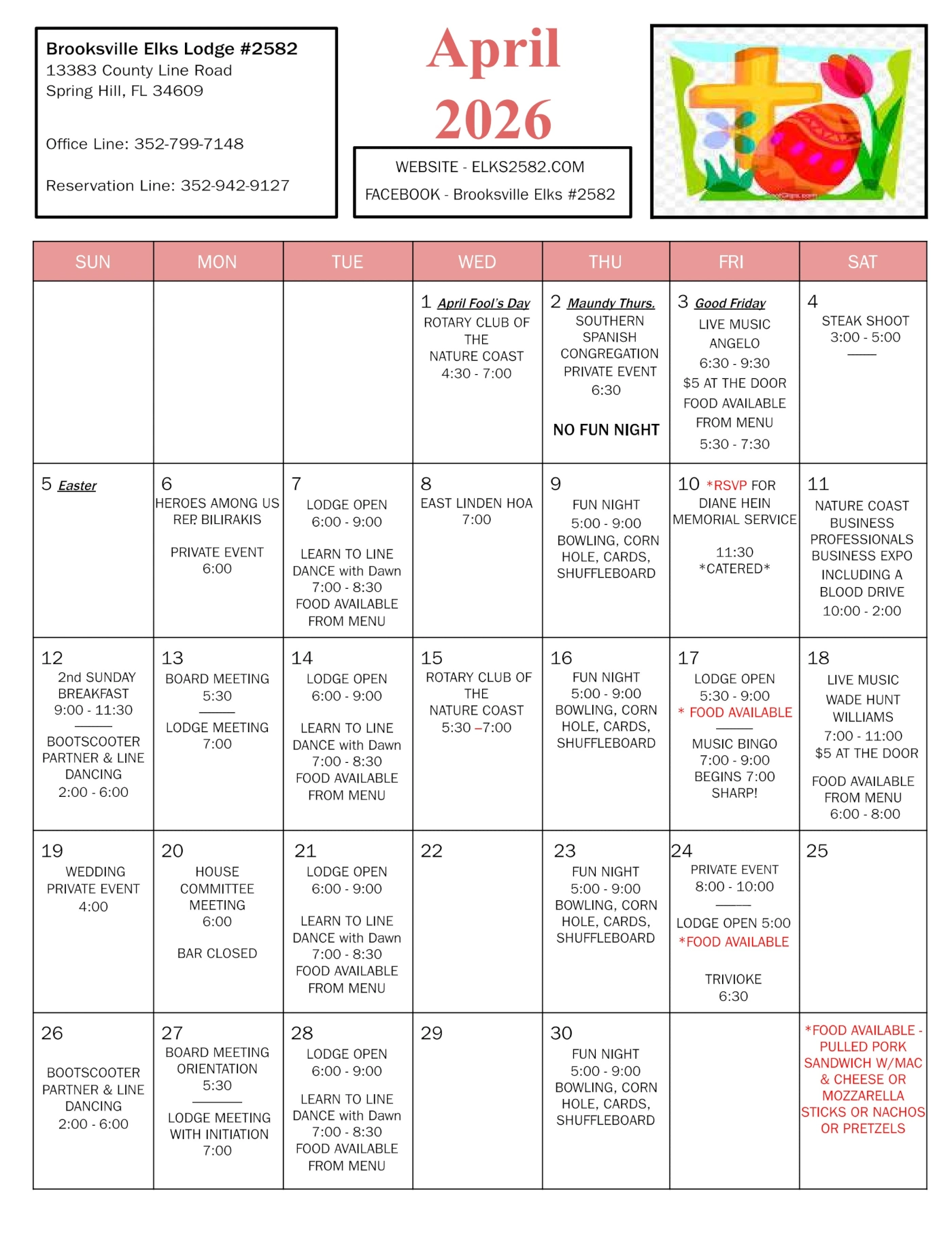Elks Lodge 2582 April 2026 Calendar