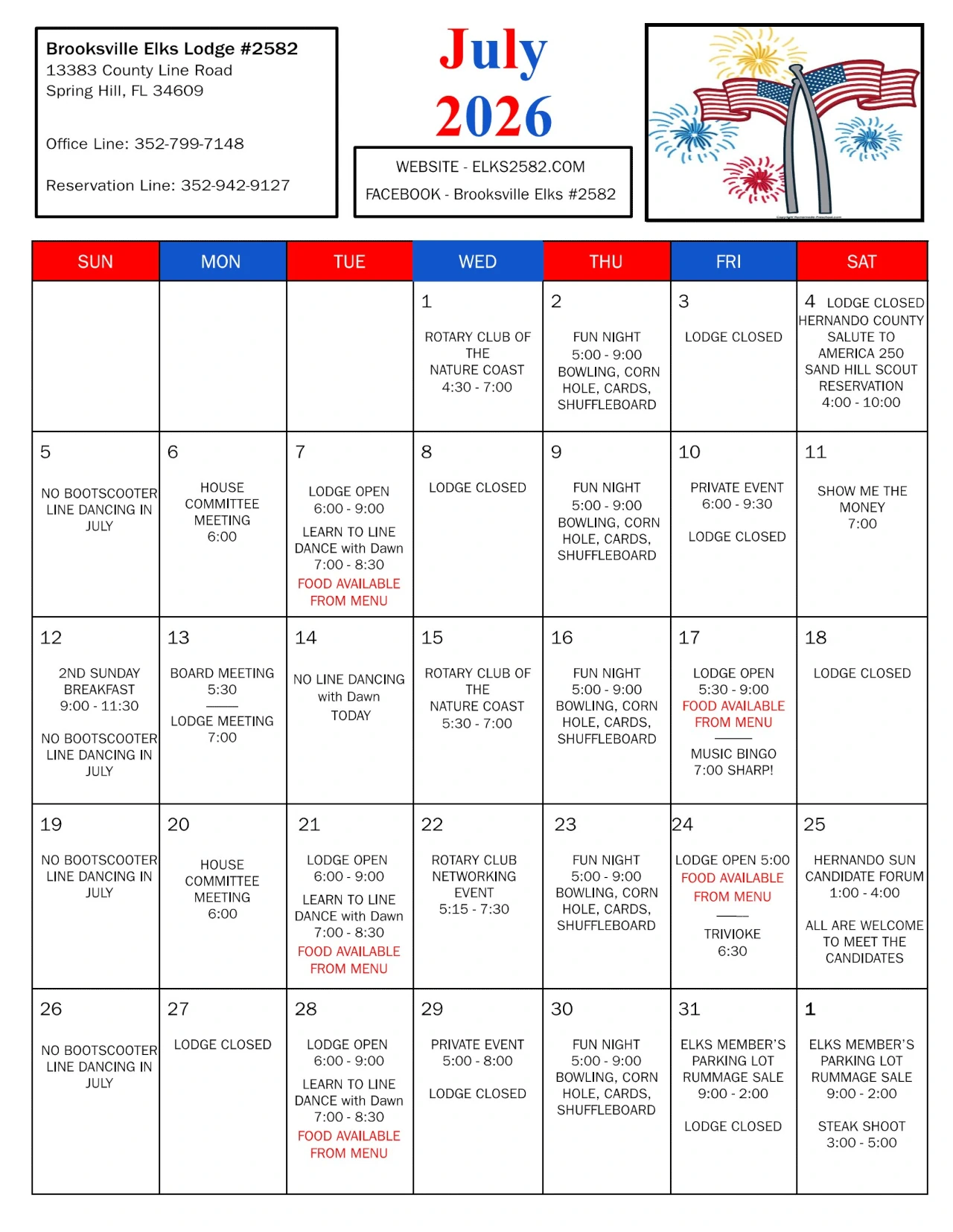 Elks Lodge July 2026 Calendar