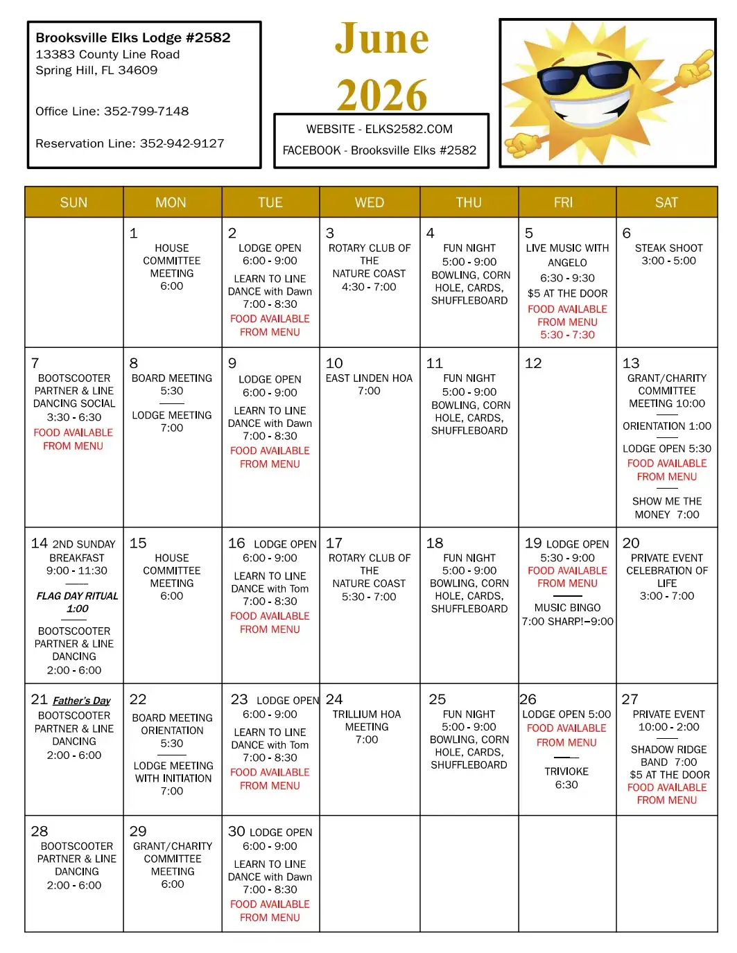 Elks 2582 June 2026 Calendar