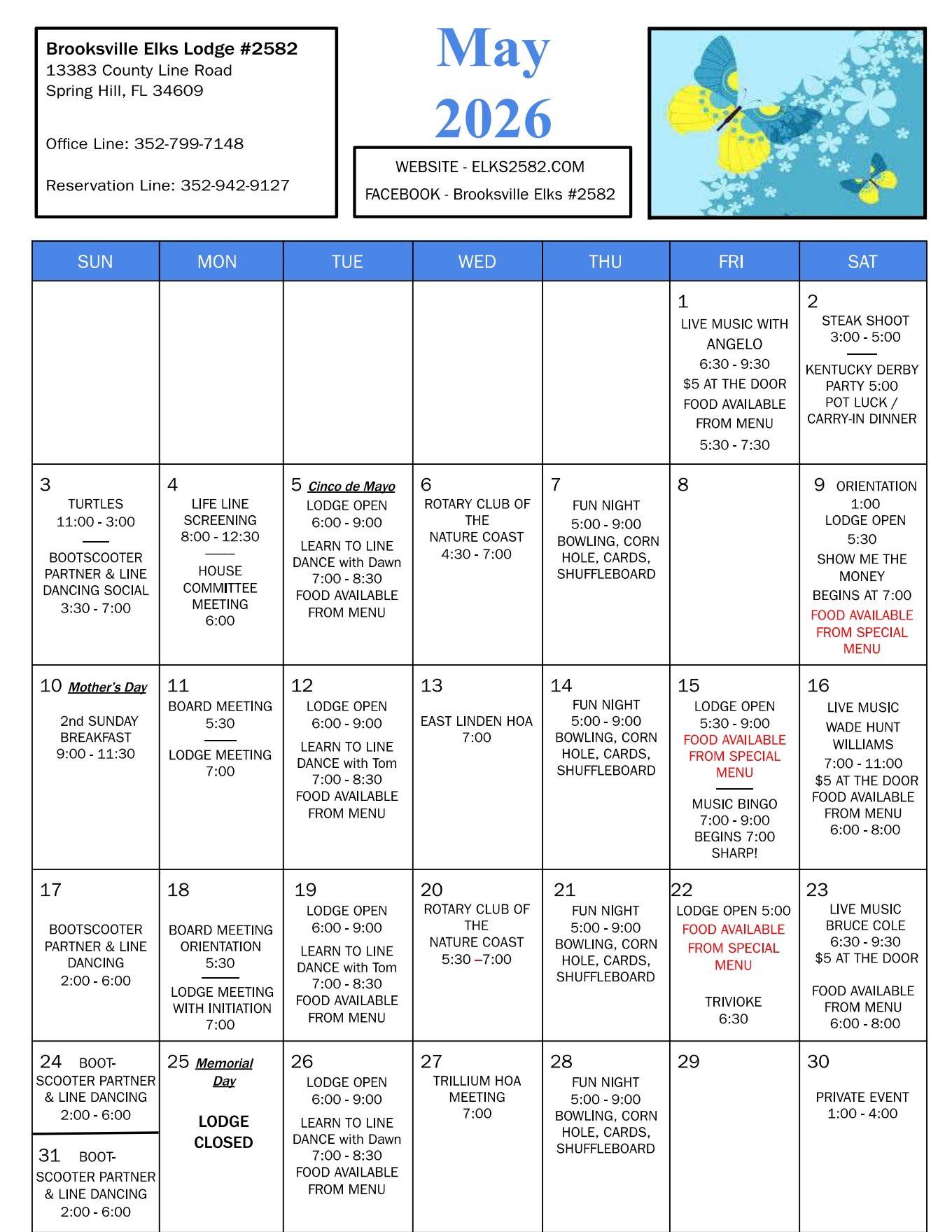 Elks Lodge 2582 May 2026 Calendar