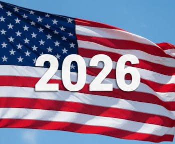 American Flag waving with 2026 in center