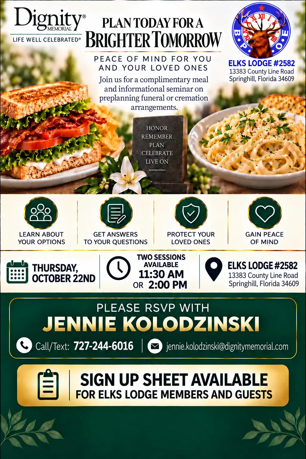 Flyer for a Dignity Memorial funeral and cremation preplanning seminar at Brooksville Elks Lodge #2582 on Thursday, October 22, with complimentary meal sessions at 11:30 AM or 2:00 PM at 13383 County Line Road, Spring Hill, FL 34609; RSVP with Jennie Kolodzinski at 727-244-6016 or jennie.kolodzinski@dignitymemorial.com