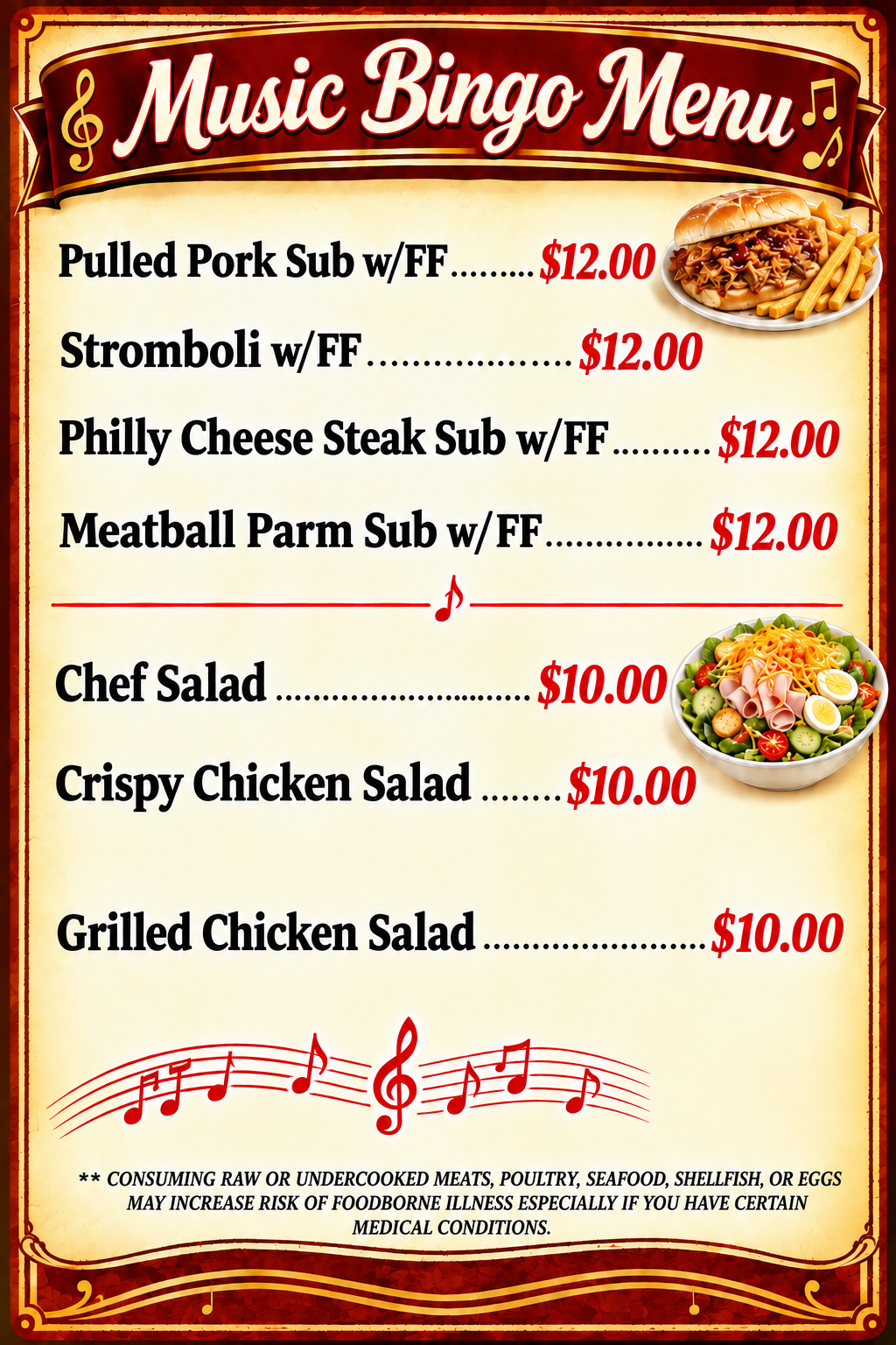 Elks Music Bingo Menu