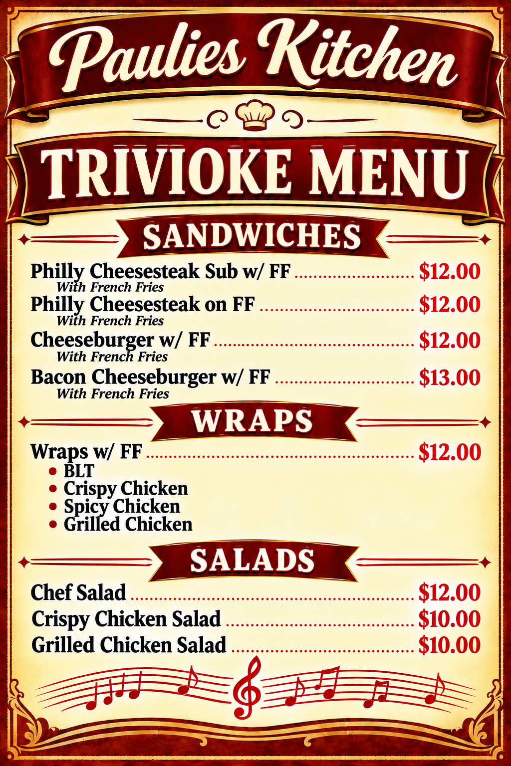 Elks Trivioke Food Menu