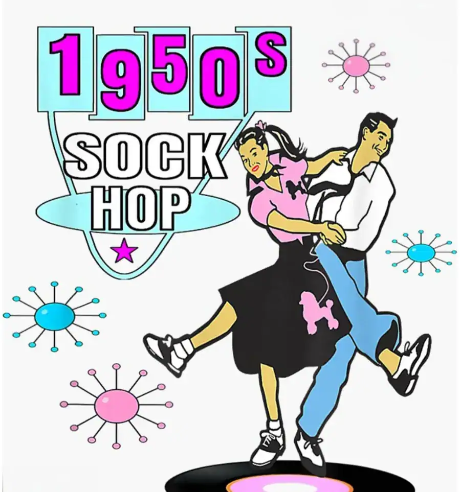 Retro illustration featuring "1950s Sock Hop" text with a couple dancing on a vinyl record in 50s attire.